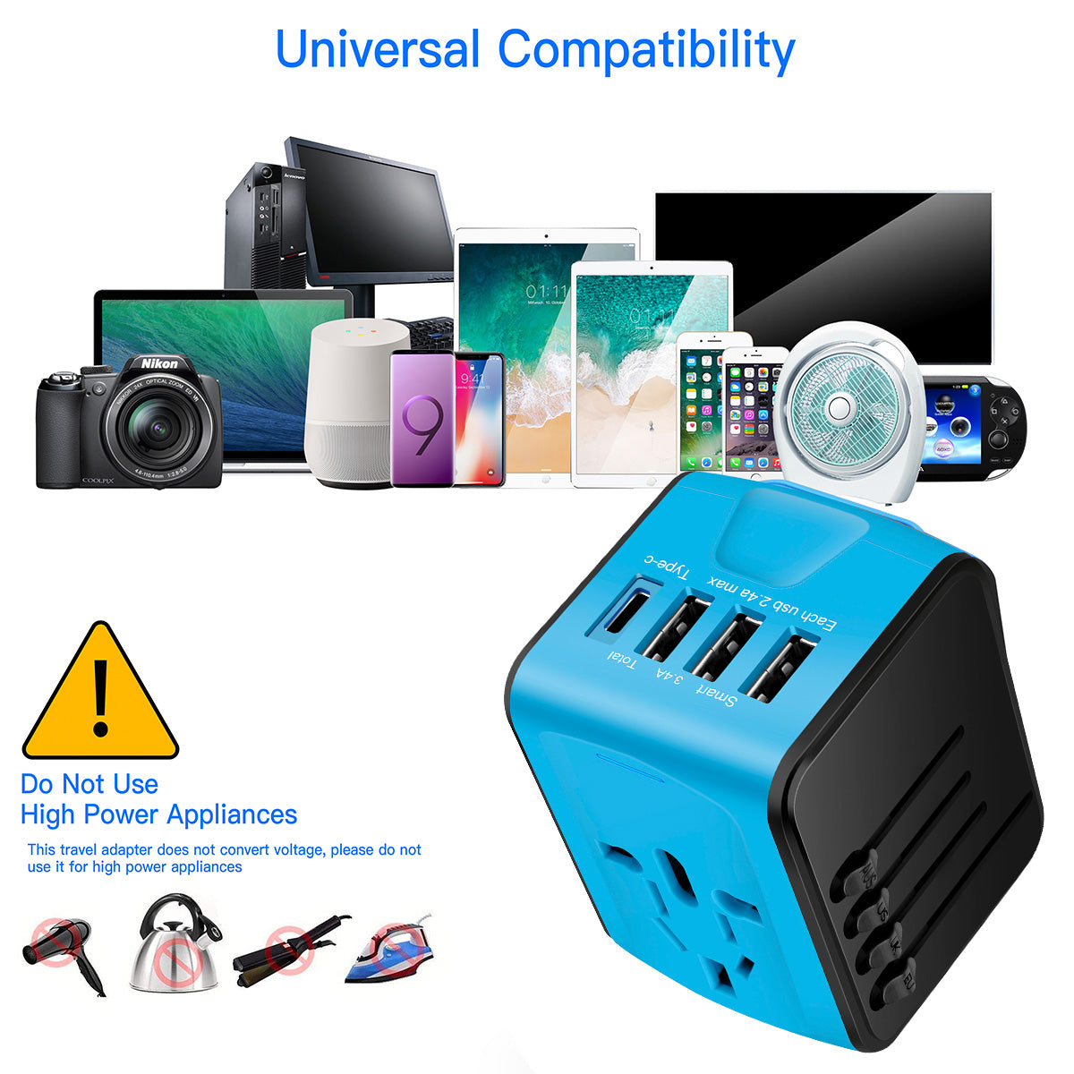 Universal Travel Adapter AC Plug Wall Charger with 3 USB + 1 Type-C Port