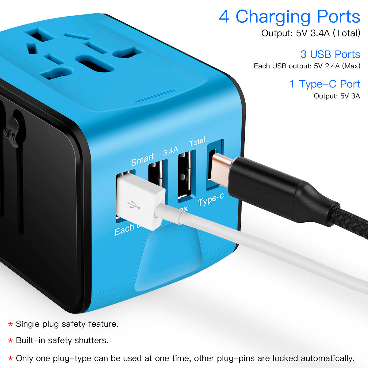 Universal Travel Adapter AC Plug Wall Charger with 3 USB + 1 Type-C Port