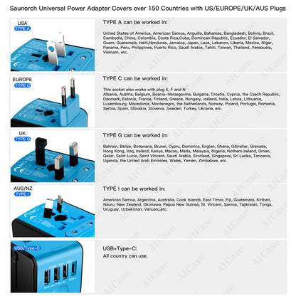 Universal Travel Adapter AC Plug Wall Charger with 3 USB + 1 Type-C Port