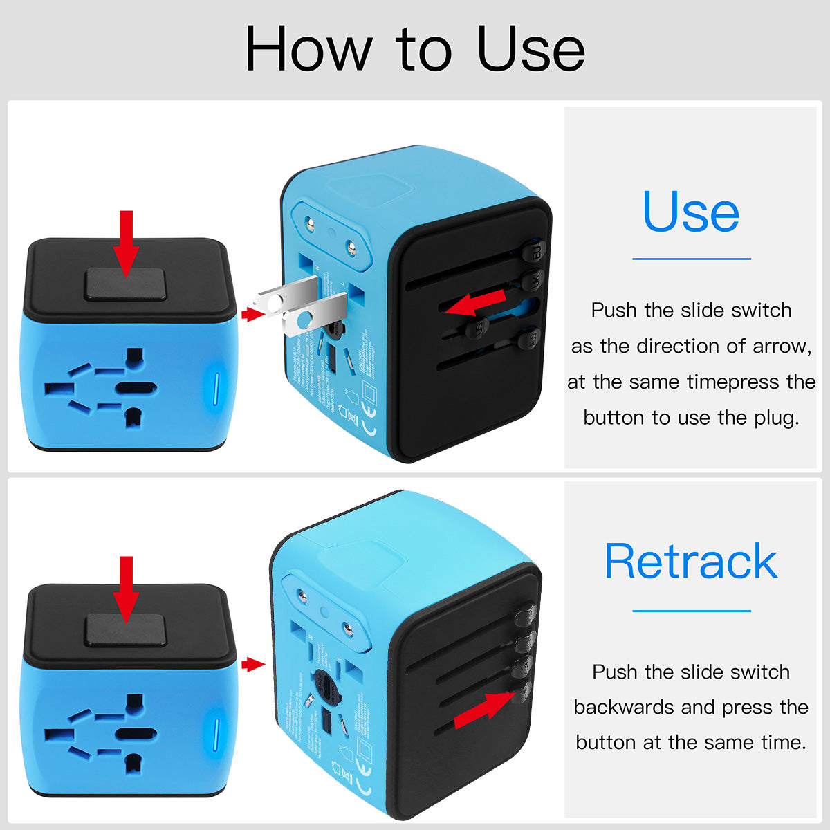 Universal Travel Adapter AC Plug Wall Charger with 3 USB + 1 Type-C Port