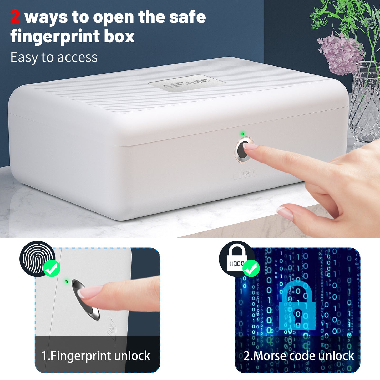 AICase Biometric Fingerprint Storage Box Portable Cash Jewelry Security Lock Box Safe