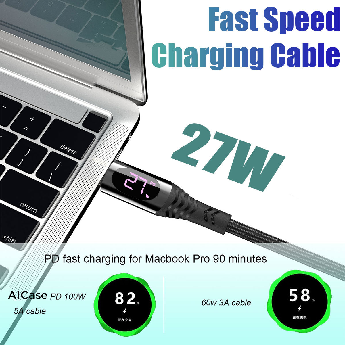 AICase Type C to iPhone Cable Charger 27W PD Fast Charging Cord with LED Display